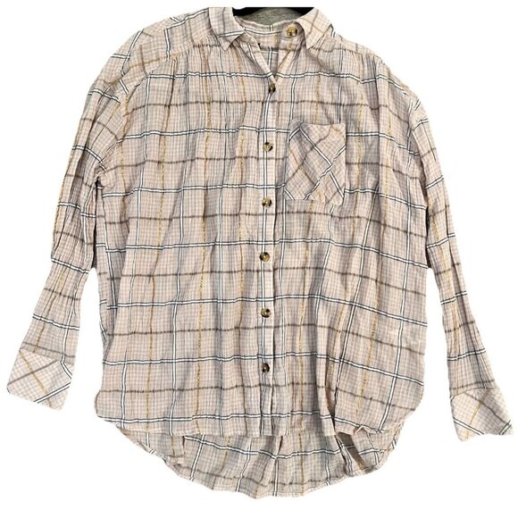 Free People Break My Stride Button Down Shirt Size XS Oversized Plaid Pink Gold - Picture 1 of 7